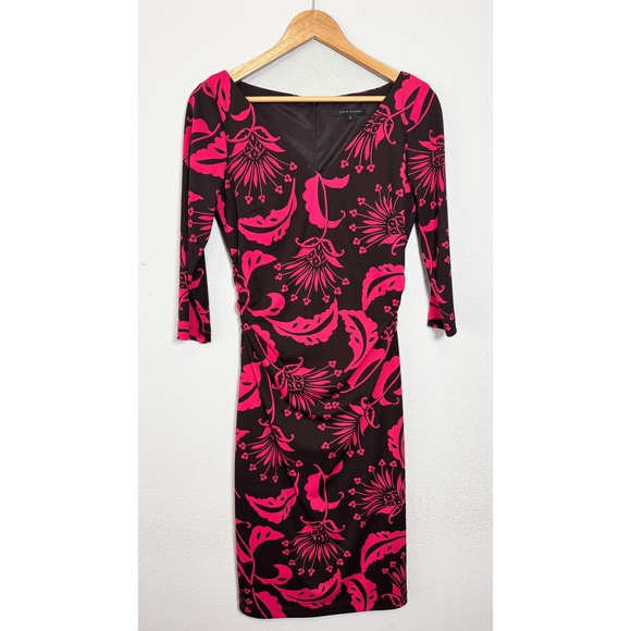 David Meister Dress Size 6 Brown Pink Floral Ruched Sheath Career Cocktail - Picture 1 of 7